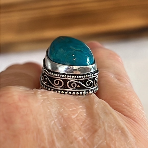 #232 Teal Solar Agate Handcrafted 💍 In An Antique Setting Size 8 NWOT - Picture 5 of 14